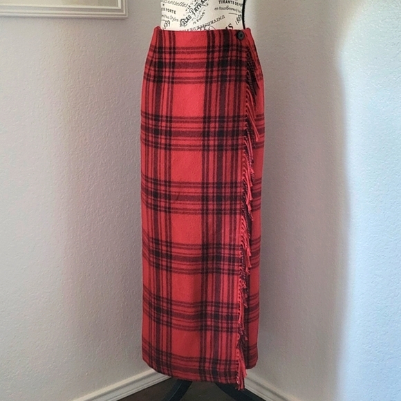 Vintage Dresses & Skirts - Vintage Plaid Wool Blend Fringe Blanket Wrap Skirt Cambridge Country Small